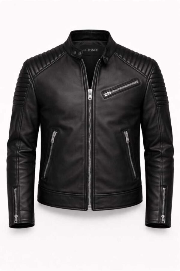 Quilted Padded Shoulder Biker Leather Jacket for Mens